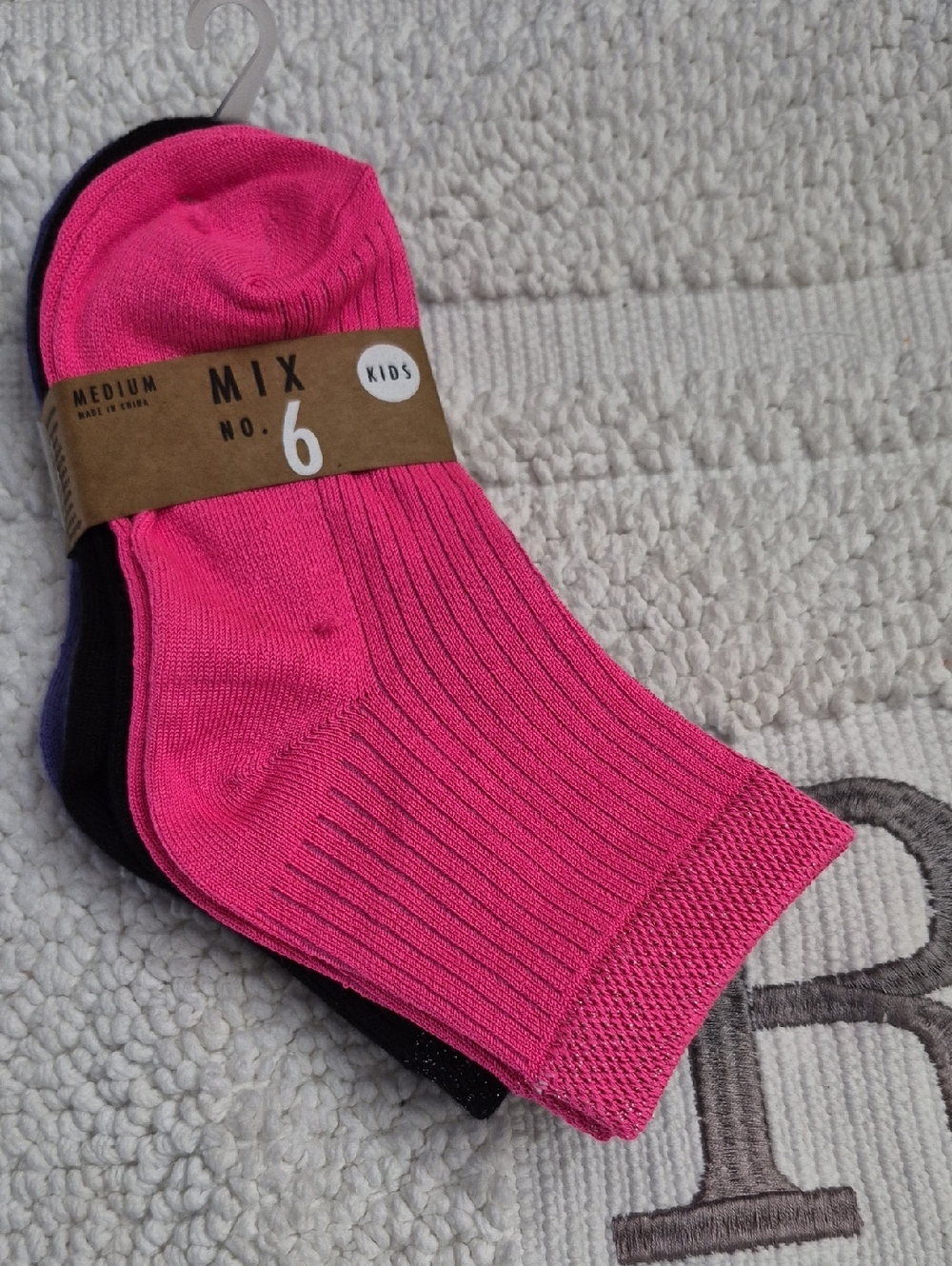 MIX NO.- 6 Pink Purple Black Kids Crew Socks -3 Pack Medium 9-1